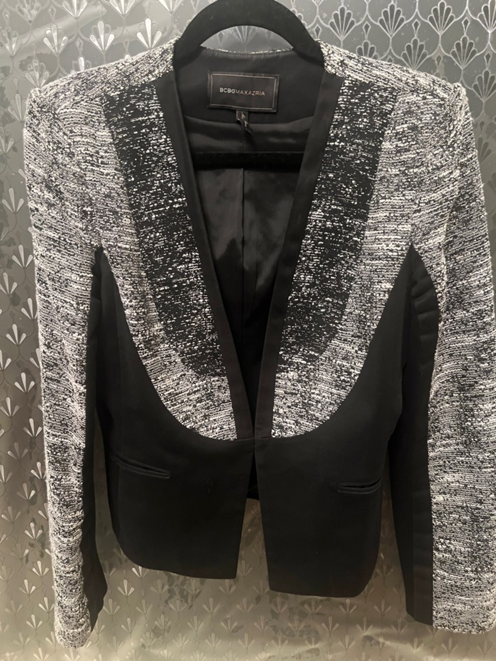 BCBGMaxAzria Black and White Tweed-Trim Blazer